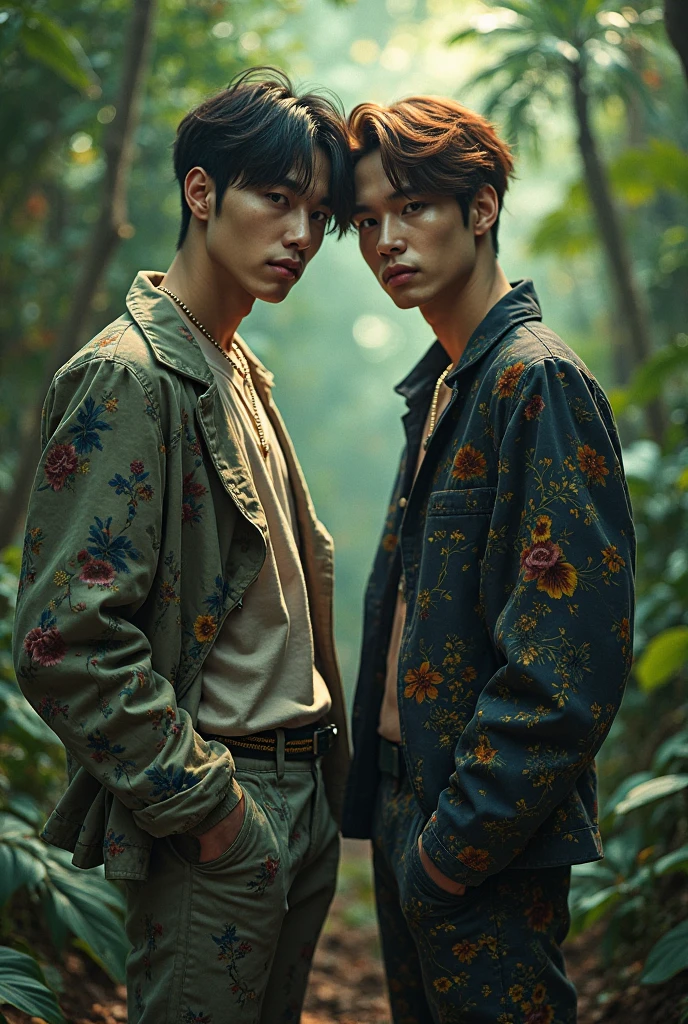 ((masterpiece)), (((extremely realistic))), ((best quality)), RAW photo, (Fashion Editorial shot), ((mixed Black and Lucky Blue Smith)), exotics look, 2 man, small pectorals, slender, toned body, (Gorgeous young face), symmetric body legs and hands, (photorealistic:1.4), (full body short: 1.4), (outdoor magazine shoot), attractive 1 model, oblong face shape, symmetric features, slim and fit physique, ruggedly posing on the grass, surrounded by vibrant wildflowers. , (((T-shirt, open Yukata jacket with embroidery details))), ((oversize lightweight trousers, semi Bulge)), ((Mixed earth tone color)), expertly layered with accessories and styled shoes. The close-buttoned shirt enhances his perfect body. With natural flesh tones, soft lighting, and meticulous details, this masterpiece captures his youthful allure. The photo radiates drama, realism, and high quality, showcasing his dominance and confidence. Shot with a Fujifilm XT3, the image is rendered in high-definition, with photo-realistic precision and captivating lighting. This stunning digital painting, created by acclaimed artists Ross Tran, Greg Rutkowski, and Alphonse Mucha, evokes a sense of hype maximalism and cinematic beauty. The artwork is presented in UHD 8K resolution, emphasizing the intricate details and adding a touch of film grain for a timeless feel. The captivating composition includes a faint mist background, enhancing the vibrant display of wildflowers, --sameseed