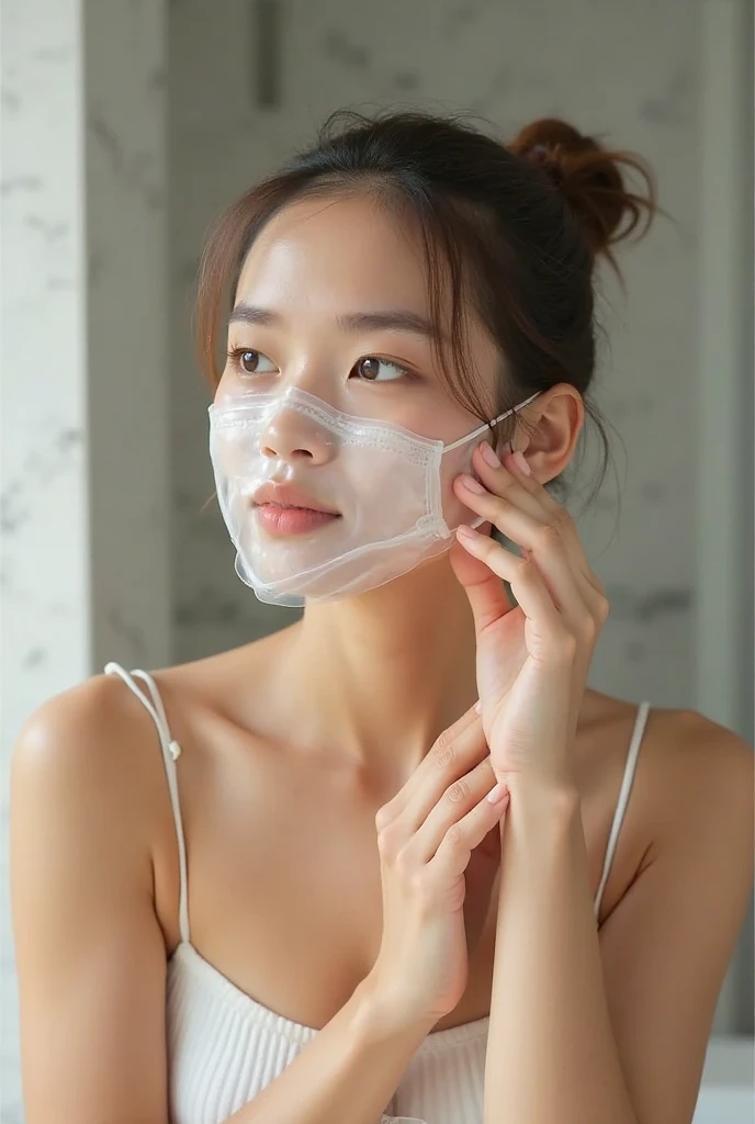 (1 Beautiful woman, very very cute, Japanese woman:1.2), ((Best quality, 8k, Masterpiece :1.3)), Sharp focus :1.2, slim body, ((Dark brown hair)), highly detailed facial and skin textures, detailed eyes, beautiful alluring woman, wearing simple white swim ware , (dynamic pose:1.5,  thigh)