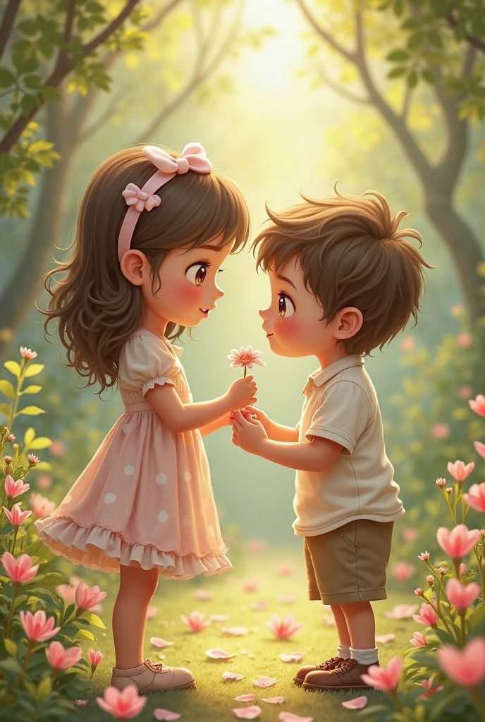 Girl and boy hold hand a flower rose

