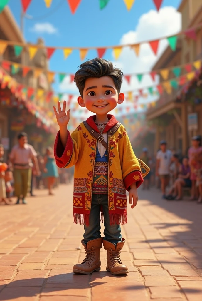 A drawing of a boy with light brown eyes dancing the folkloric dance of Arequipa with the main square behind and the Misti volcano in the middle with the sun illuminating it
