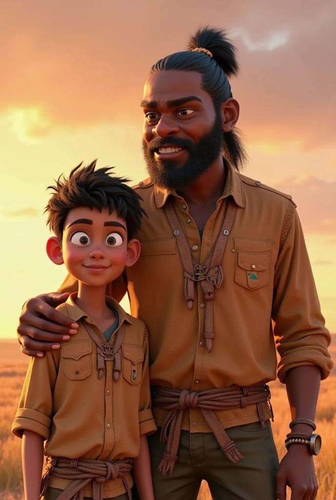 Brown man laughing with child on his back