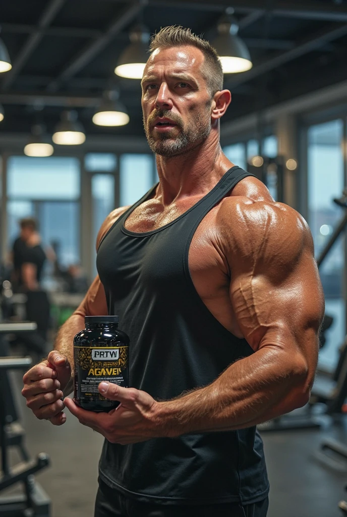 Bode musculoso com pacote de whey e creatina da growth na mao
