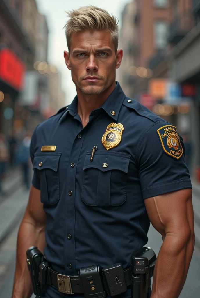 masterpiece, best quality, high resolution, male focus, a cop workin with a tight police uniform, he have a muscular body, day light, skinny shape, verry virile man, 45yo cop, solo focus, grey messy hair style, cute and seductive face, bare chest, very body hair, facial hair, roman nose, very skinny body, sweaty armtips, front view, HDR, ultra quality, elegant, highly detailed