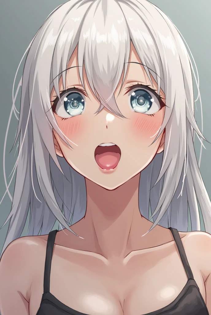 1girl,looking up,pov,From above,long hair,White hair,grey eyes,shiny hair,breasts,masterpiece, best quality, very aesthetic, absurdres,upper body,front view,face focus,open mouth,(heart censored)