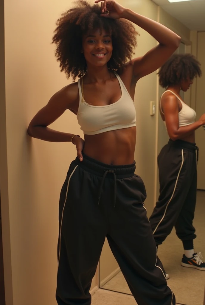 there is a woman standing in front of a TV playing, working out, sweating 4k, wearing a black top and black t-shirt, fitness body, perfect body, perfect mouth, back plane, toned behind, dancing in the background, sports bra and shorts, other women dancing on the TV screen, looking partially to the left, thin Latin woman dancing, interior photo, as if she were dancing, a sensual photo. A woman with white skin and dark hair. She is around 38 years old, he measures 164 cm and weighs 56 kg. Her perfect lips, her large, charming dark brown eyes seem to contain a world of wonders. Slim body. Thin waist. Her body exudes glamor and her face is the definition of beauty. Test, highly realistic, reddish skin, beautiful, slightly full lips, red lipstick, smiling, feeling of lightness and joy, hyper-realism, very elaborate skin, direct look. Full body photo, clear photo, high quality, high resolution, masterpiece, 16K. Masterpiece: 1.3, high resolution, (photographically realistic), 8k, NUDE, NUDITY, NFSW.
