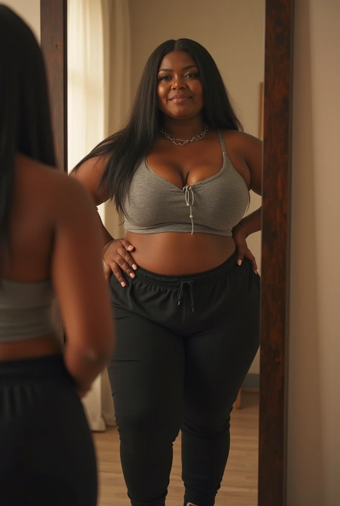 beautiful Indian chubby mature woman in grey color outfit taking picture in modern office, ((showing armpits pose)), belly showing, wear Bra and jeans only, dark skinned, detailed skin texture, soft lighting, pastel color theme, 8mm, Close-up shot, cool-toned color grading, depth of field, film noir, high quality, ultra detail, 8k resolution,