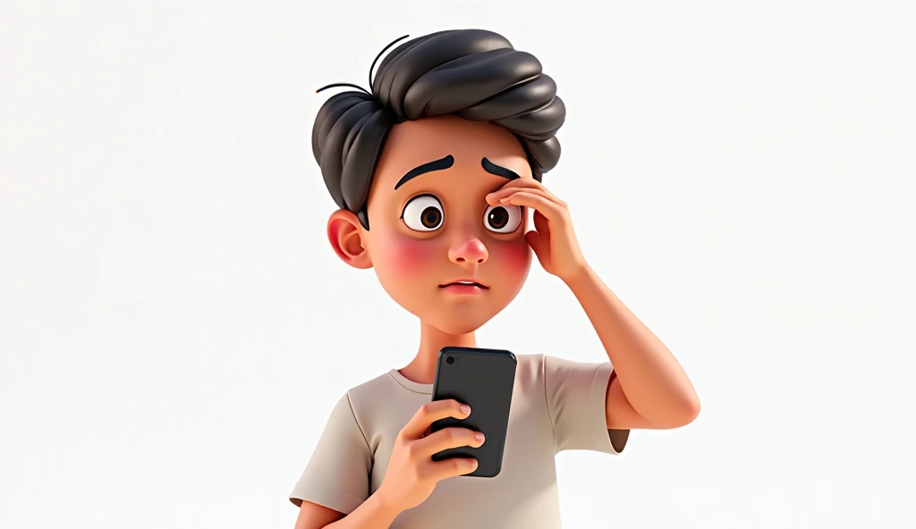An 2 3d illustration smart boy whose T-shirt is navy blue in color. Face mask black hand with a phone. He is sitting on a chair with sadness. The background will be black with some light coming from behind.