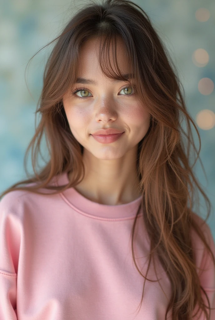 [sony premium camera, 8k, full High resolution, full portrait photo], a beautiful girl, ((wearing cool clothes, having 32 inch breast, pink oversized t-shirt, having makeup)), cute girl, with oval face and symmetrical face structure, big eyes, brown eye color, almond shape eyes, straight and balanced nose, soft wavy brown hair heart-shaped lips, perfect eyebrows, perfect ears, light pale soft skin, pale white skin, slightly lifted chin with happy expression and closed mouth, pink natural lips, smiling happy expressions, plain background, bright light