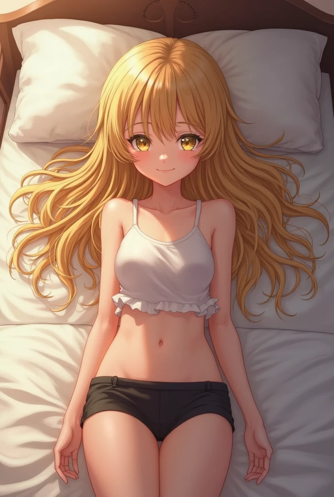 Masterpiece, (highest quality), Alone, (Young Woman), Solo, Blonde Long Straight Hair, Big, Dog Ears, (Golden Eyes), (Pajamas with green and white stripes), Barefoot, Shy, Red cheeks, Smiling gently, Slightly open eyes, Sweating a lot, Holding her stomach with both hands, (Lying on her back), (Very dark)), (Midnight Room))), On the bed, ( Upper body only image)