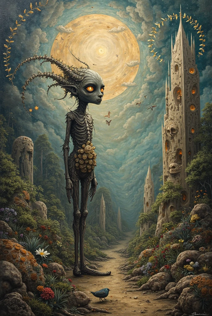 Mythical creatures, author：Zdzislaw Beksiński and Vincent Van Gogh, Album cover, romantic, Surrealism, Futuristic ,Smiling , Coral, Wizard, Abstracted, dark,  landscape