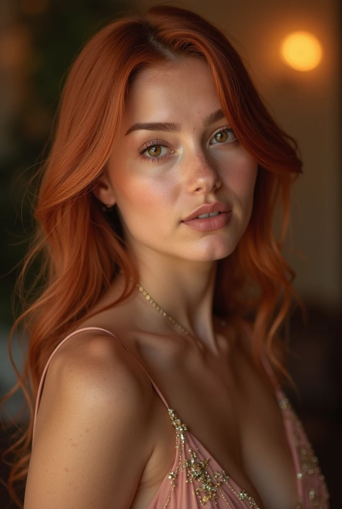 27 year old Brazilian redhead woman posing for Instagram profile picture in a suitable location in an eye-catching outfit