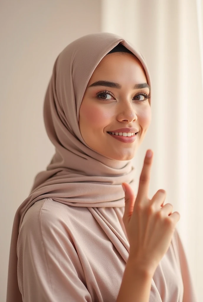 Cute hijabi girl smiling and posing two fingers on photos with pink scarf and bow hairpin in reality look real looks uzbek appearance at home  look 23 girl