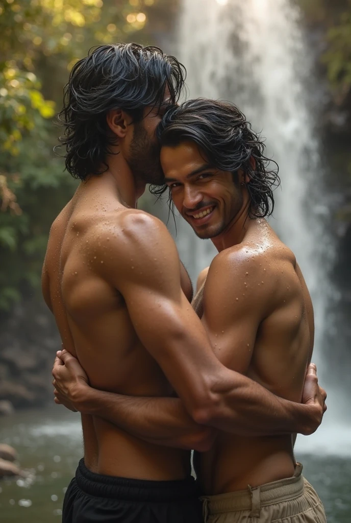 Bearded and hairy cafuzo man in his underwear, standing, hugging a white man..