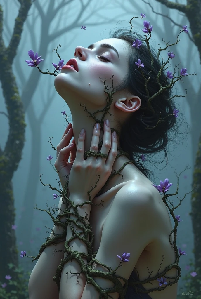 (masterpiece, best quality:1.4), (beautiful, perfect, delicate, detailed, intricate, aesthetic:1.2), (style of Igor Morski:1.4), (surrealism art:1.4), otherworldly, mutated nature woman, branches and vines intertwined with her limbs, blossoming flowers as hair, celestial backdrop, ethereal glow, captivating transformation, (celestial color theme:1.2), perfect lighting, perfect shading, <lora:more_details:0.7>,