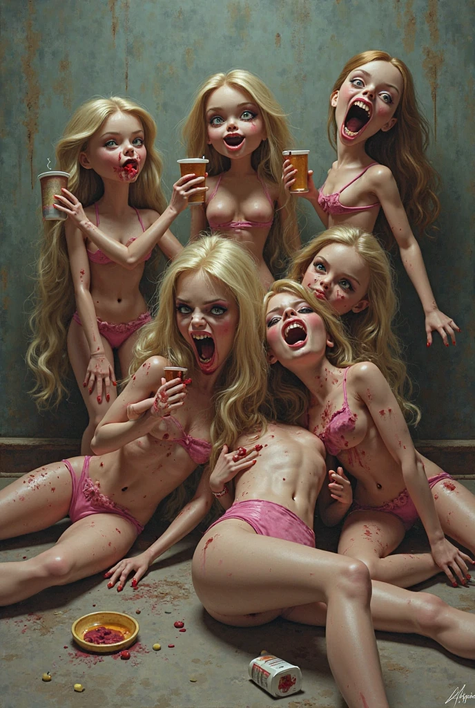 NSFW, 8k, sharp focus, hyper-realism, sex harem; kinky fetish;(standing girls) (lesbian nymphomaniacs); 7 beautiful girls; full-length pose (show feet), orgy; group-sex;(many naked 21-years-old girls standing in a huge bedroom),white leather fetish; lace fetish; pink rubber cosplay; pink latex fetish; cosplay; sex fetish; orgy; harem; (cross-eyed sluts);7 young beautiful girls,,(teen Adriana Lima; teen Scarlett Johansson; teen Margot Robbie; teen Angelina Jolie)(naked pussy, nipples) multiple angle view of tits, huge pale-pink nipples, beautiful faces, realistic faces, blonde hair tied up, (gigantic pink nipples) , muscular girl; thin and toned bodies,(show feet) detailed nipples, perfect gigantic tits, detailed skin texture, beautiful young women, spread butt-cheeks, long blonde hair, naked fluffy blonde haired pussy, exposed nude butts (wet girls are bathing, swimming), girls masturbate (standing with feet) detailed faces, blue eyes, green eyes, soft shadows,(oiled skins) firm tits, giant tits, swollen boobs, naked pussy, naked ass, naked tits, swollen huge areola, round butts, thin waist, flat tummy, long thin legs, gap between thighs,honey-colored skin, long blonde hair, sultry eyes, pouting mouth, horny girls, earrings,(wearing lots of jewelry, body jewelry, face jewelry) (blonde hair tied up); big and beautiful tits. legs open, legs spread, spread pussy, 21-years-old harem girls posing naked tits, showing pussy, big tits, firm tits, perky tits,(blushing pink cheeks),(Old mansion with silk, chandeliers, paintings on the walls, white marble floors, marble bath, marble columns, indoor palm trees, pot plants, colorful parrots, pink silk sheets, satin, velvet, white silk, green embroidery)(full-length poses)(different angles view of tits)