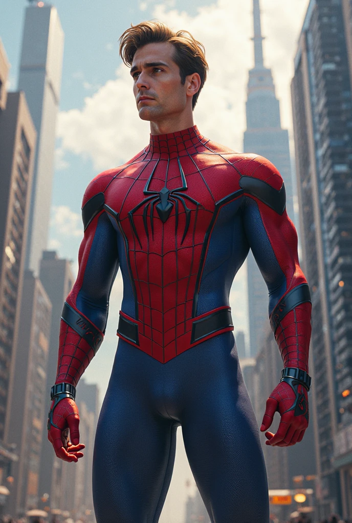 (masterpiece, high resolution, detailed:1.3), Amidst the towering skyscrapers of New York City, a young ((Spider-Man)) perches, ((shirtless:1.5)), revealing a toned physique honed from countless acrobatic swings between buildings. Even ((without the full suit)), the ((iconic spider emblem:1.3)) is prominent ((on his chest:1.3)), standing out against his sun-kissed skin.
