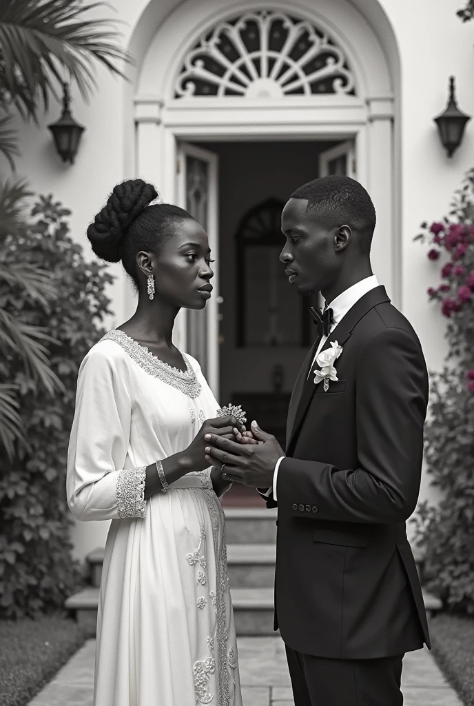 African bride in a luxurious wedding dress holding a bouquet, with chains exclusively binding her wrists. Behind her stands a tall, imposing African man in a suit jacket, radiating authority. The image captures the tension between beauty and imprisonment, with a focus on the chains around her wrists, hyper realistic photography