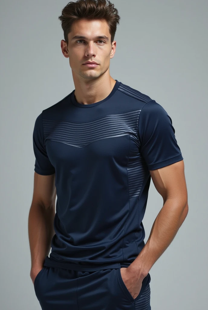 1 handsome Japanese guy，A 27-year-old man wearing a blue shirt and shorts stands against a white background, navy blue, navy blue, Sports T-shirt, blue, Sportswear, Magnificent dark blue clothes, Sportswear, short sleeves, Jinjinshen blue clothes, short young man, Tennis wear, Wearing a track suit, dark blue decorative clothing，Masculine，handsome，High，Muscles look good，hairy body，Wheat complexion，black eyes（thin eyes 1：3），Full body image