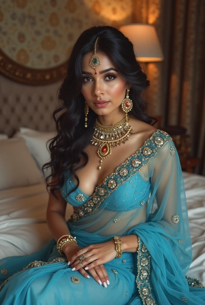 Create an ultra-realistic image of a modern, attractive female influencer of Indian descent, aged between 27 to 30. She should have a warm and inviting smile with a big laugh, expressive almond-shaped eyes with a slight shimmer, and clear, glowing skin with a medium brown complexion. Her features should be well-defined, with high cheekbones and a sharp jawline. Her hair should be a vibrant, warm red, styled in a bob with loose waves for a relaxed yet stylish look.
She should have a slender yet athletic build, reflecting a healthy and active lifestyle. Her bust size should be medium (40-42 inches), offering a balanced and proportionate look. She is wearing a royal blue silk saree paired with a silver sequin blouse, which highlights her elegant and sophisticated appearance. The saree should drape gracefully, adding to her regal aura.
Her outfit is completed with stylish accessories, including subtle yet chic jewelry, such as small hoop earrings and a few thin bangles. The background should feature a majestic palace or heritage building with intricate architecture, adding a touch of grandeur and history to the scene. The overall color scheme should include dark blue accents, enhancing the depth and elegance of the setting.
Her overall appearance should exude confidence, approachability, and sophistication, capturing the essence of a contemporary Indian fashion influencer.