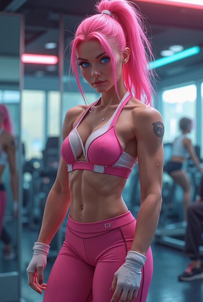 (best quality,4k,8k,highres,masterpiece:1.2),ultra-detailed,physically-based rendering,gym clothes, muscly,fit,athletic, strong,tight and toned muscles, intense physical activity, sweat dripping down her body, full head of light pink hair, cat-like green eye, sharp jaw sharp and edgy lines on her face, her eyes are narrow and slanted, she have a sharp noses,have clean-cut features, she has a strong, sexy, chick aura, powerful arms and legs, confident and determined expression, perfect hourglass figure, curvy hips and slender waist, well-defined abs and back muscles, long and toned legs, standing tall and proud, one hand on hip, in a gym setting, surrounded by workout equipment and weights, natural lighting, vibrant colors, realistic and lifelike, capturing the strength and beauty of the muscular woman, not big but not small chest, showing her full whole body(including legs and feet), wearing high black combat boots