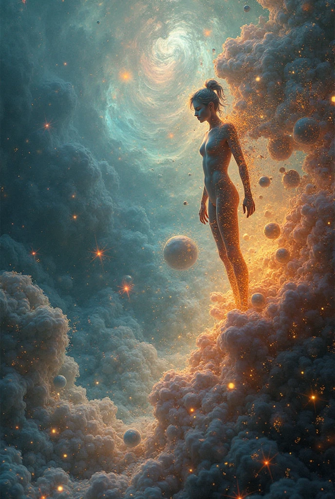 there is a woman flying through the air in the sky, floating in the cosmos nebula, floating in a nebula, floating through space, floating in the universe, floating in a cosmic nebula, floating in space, floating in deep space, floatiung in front of a nebula, girl in space, floating across the cosmic ocean, floating in outer space