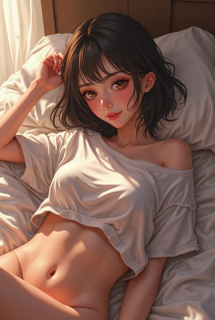 ((masterpiece,Highest quality:1.3,best quality illustration)),(realistic),cowboy shot,独奏,1woman,black hair,very short hair,center parted bangs,black eyes,(gorgeous big eyes),((very small head:1.3)),shy,((Very tall:1.2,skinny)),(tan skin),medium breasts,naked,nipples、navel、,vagina,gleaming skin,slender body,sweat,sitting,spread legs,Simple bed,Simple hotel bedroom、New York City、nsfw,