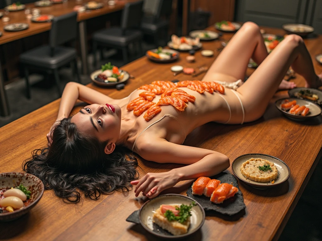 (best quality:1.4), (ultra highres:1.2), (photorealistic:1.4), (8k, RAW photo:1.2),(portrait shot:1.3), nyotaimori, 1girl, solo,food, nude, lying, breasts, sushi, navel, shrimp, <lora:nyotaimori-000050:0.4>