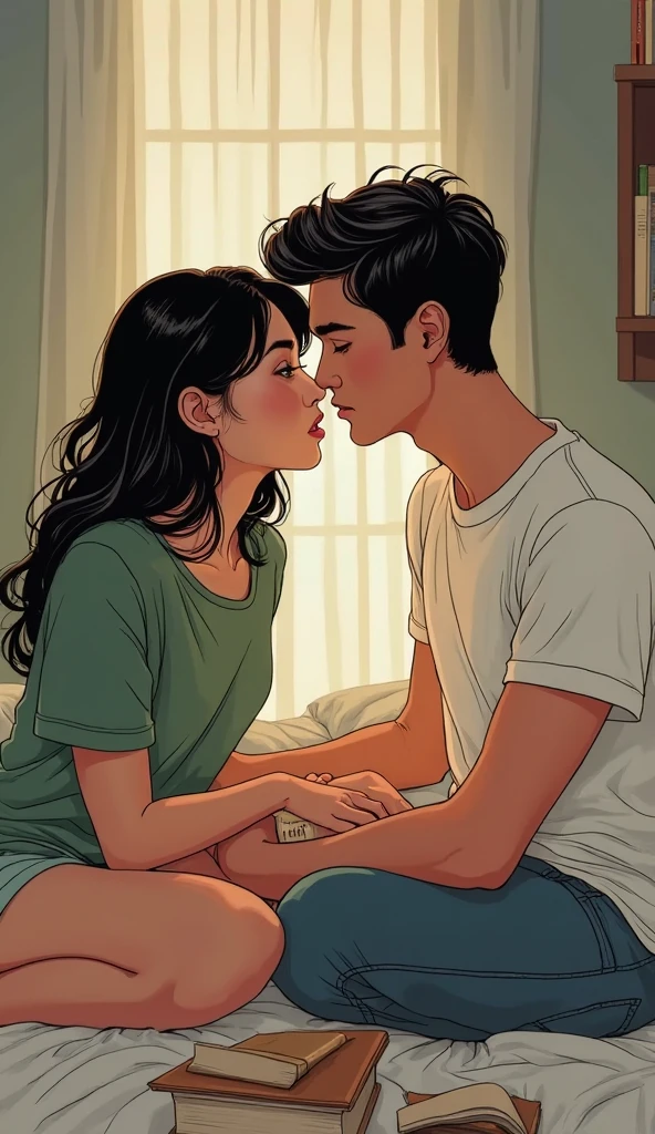 Amazing portait of a hot next door neighbour with her hair tied in a messy bun wearing an off shoulder checked olive green shirt that is unbuttoned and oversized kissing and making out passionately with her male neighbour on her bed in an intimate setting