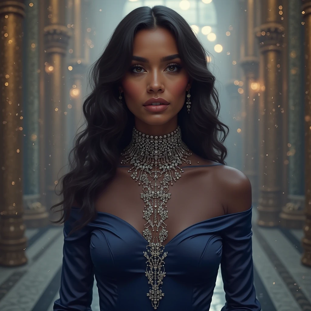 An 1800s theme cinematic photo of an enchanting and alluring African American woman, resembling Beyonce, who exquisitely beautiful, in high-contrast, warm-toned digital photography, capturing the subtle dance of light on her porcelain skin. Her delicate features are rendered in lifelike precision, from the whisper-thin eyelashes to the full, rosy lips, against a backdrop of soft, gradient blues and purples, evoking a mystical, dreamlike atmosphere. Vibrant crimson accents adorn her luxurious, flowing attire, imbuing the scene with a sense of opulence and mystique, as her piercing emerald gaze beckons the viewer into her intimate, mystical realm.