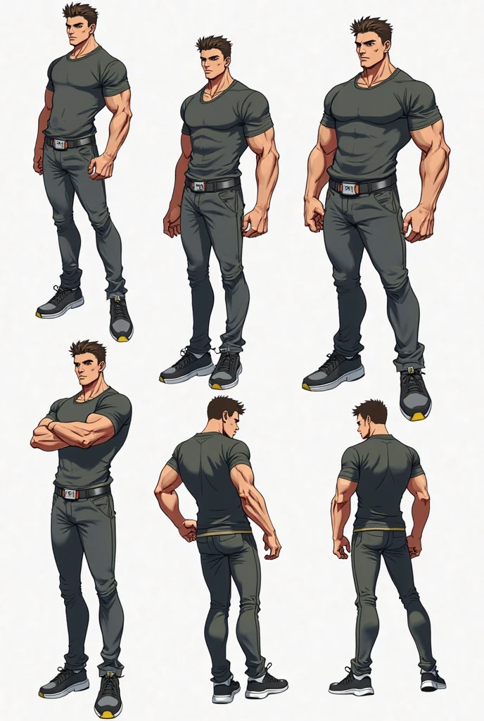 Character of an adult male named John Smith. He has fair skin with a few freckles, short gray hair slicked back with hints of brown, and intense blue eyes with a watchful expression. His build is stocky and muscular. The style should mix 1980s comic book art with 1980s anime, Different angles, Miraculous Ladybug style, character sheet, white background --3:2 aspect ratio, character poses