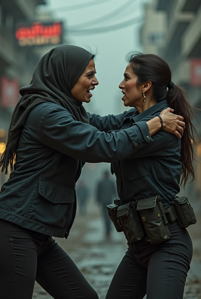 Capture a dramatic and intense scene in a street photography style featuring two beautiful Malay girls in hijabs engaged in a fierce physical confrontation. They wear pastel color outfit, leggings, red pastel tshirt, Showcase the raw emotion and action of their fight, emphasizing the movement, tension, and determination in their expressions and body language. Incorporate a dynamic street background with bystanders watching the dramatic altercation unfold, adding to the sense of urgency and realism. Use lighting and composition techniques to heighten the drama and convey the gravity of the moment, creating a powerful and thought-provoking image that tells a compelling story
