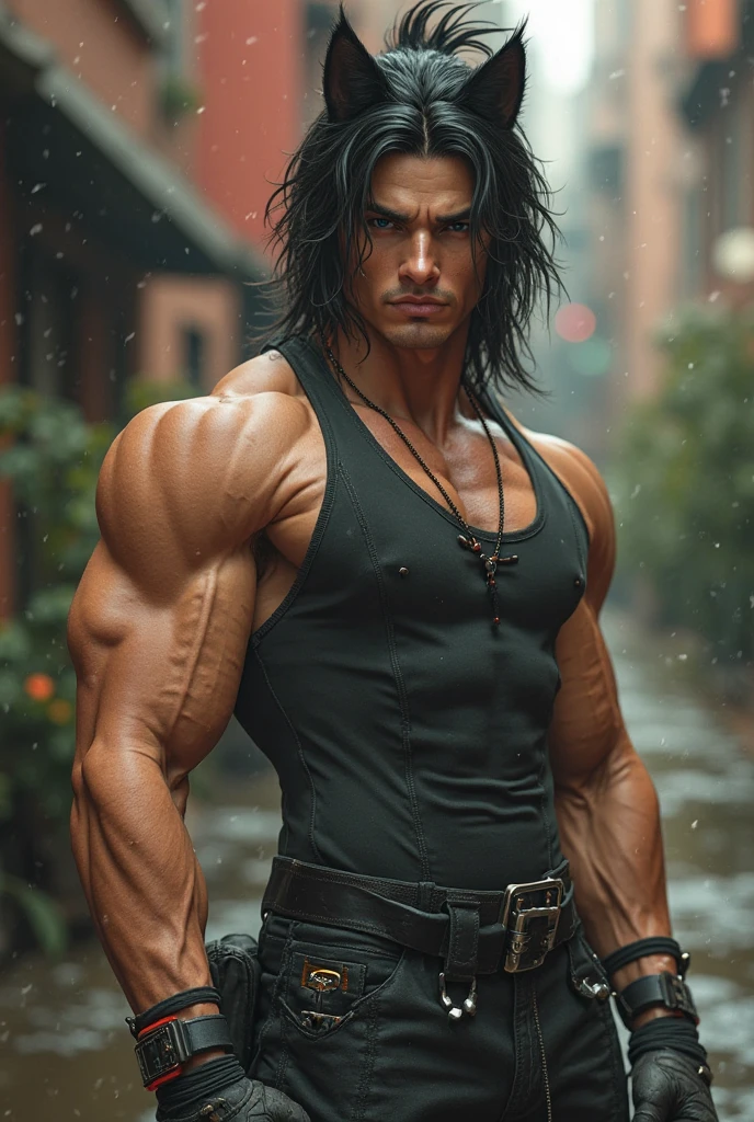 1boy, abs, animal ears, bara, belt, black pants, building, chest tattoo, city, cowboy shot, furry, furry male, grey fur, large pectorals, looking at viewer, male focus, muscular, muscular male, navel, nipples, outdoors, pants, pectorals, scar, solo, stomach, ??????? male, white fur, wolf boy, wolf ears, yellow eyes