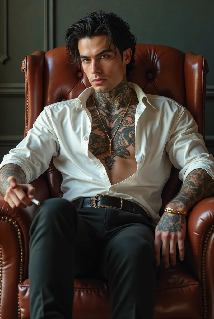 A handsome young man with white skin, tall, blond hair, green eyes, a hot, sexy, toned body with tattoos and piercings, sitting in an armchair 