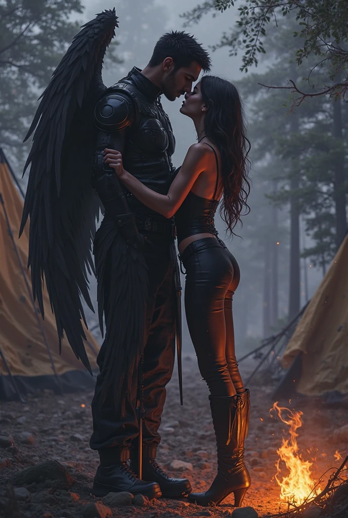 A highly detailed and realistic illustration of a man and woman facing each other. The black man's face and body adorned with fiery branches and has fiery glowing eyes, fiery wings. The gorgeous woman's face and body adorned with icy branches and has icy glowing eyes, icy wings. The man and woman representing a duality of fire and ice, devil and angel. Standing in a foggy forest under a glowing moon. Intricated details, best of quality, photorealistic.