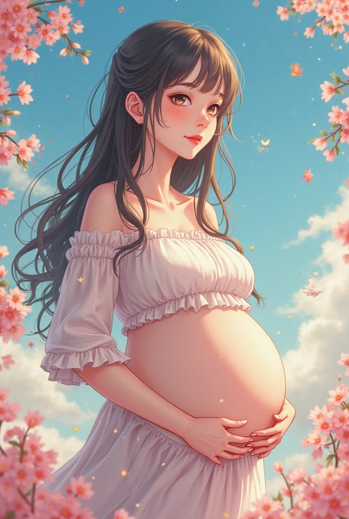anime style pregnant girl with twins and big belly
