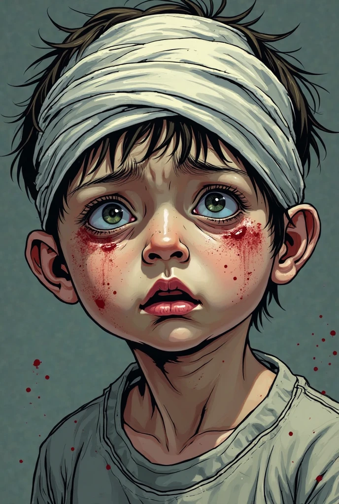 Child boy with black hair and blue eyes,in pajamas with bunnies,face covered in blood,smiling at camera