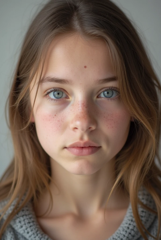 A pretty 12 years old girl, hair bun, freckles