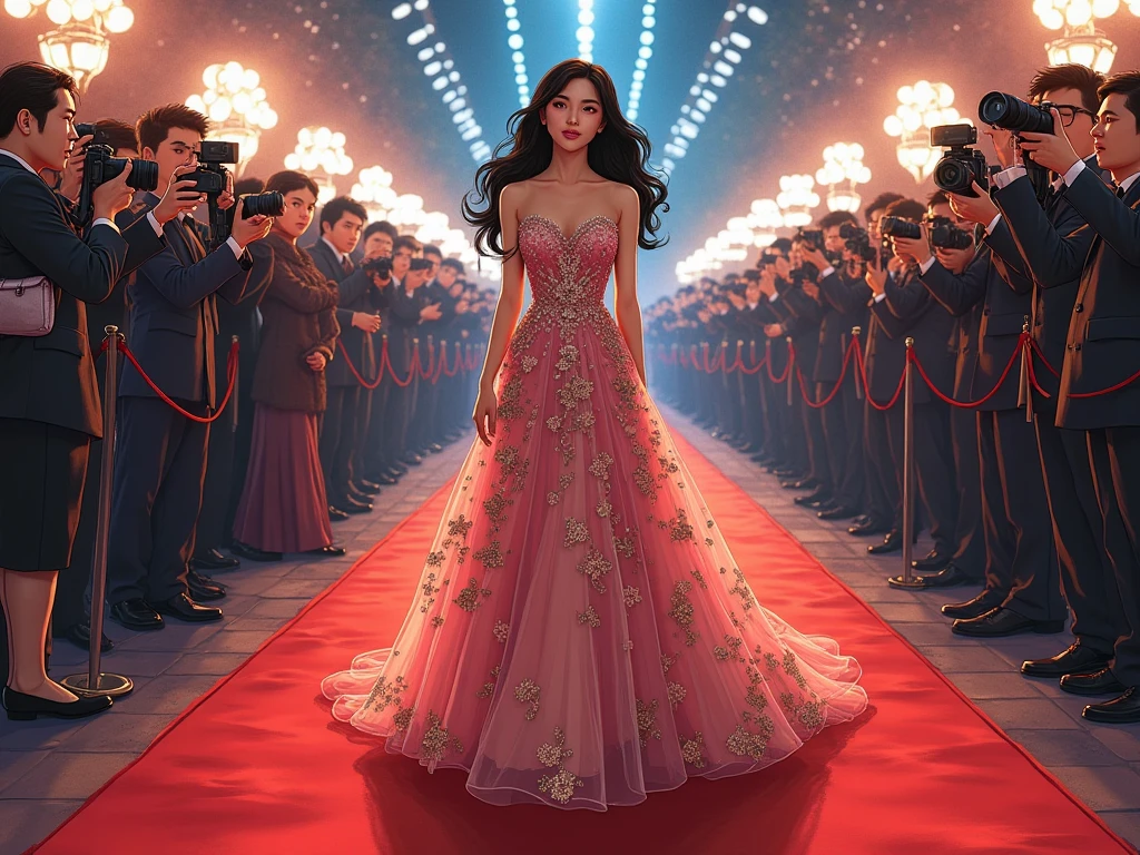 Girl with big black hair with blue eyes in big white dress with silver necklace with small earring At a ball she is walking down the red carpet