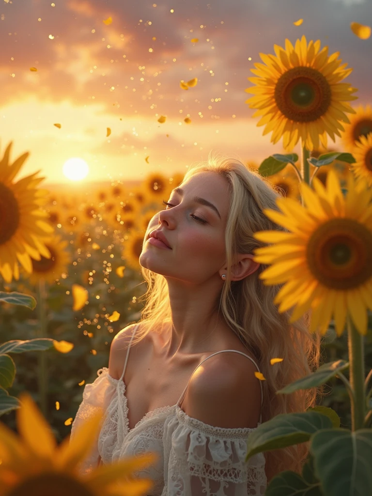 Back view of a young woman, windy messy hair, across a field of sunflowers; 3D; retro cyberpunk; yellow color splash; dynamic color-field; sunrise; cyclorama effect; cinematic lighting