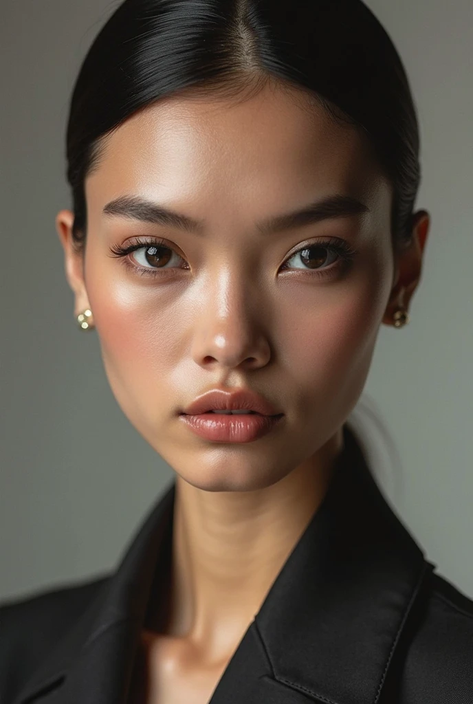 (CR-Florenc3Faivre-SDKoh:0.9), photo of woman, grey background, (undercut hair:1.0), (oiled shiny skin:1.0), soft lighting, (tilted angle shot:1.1),