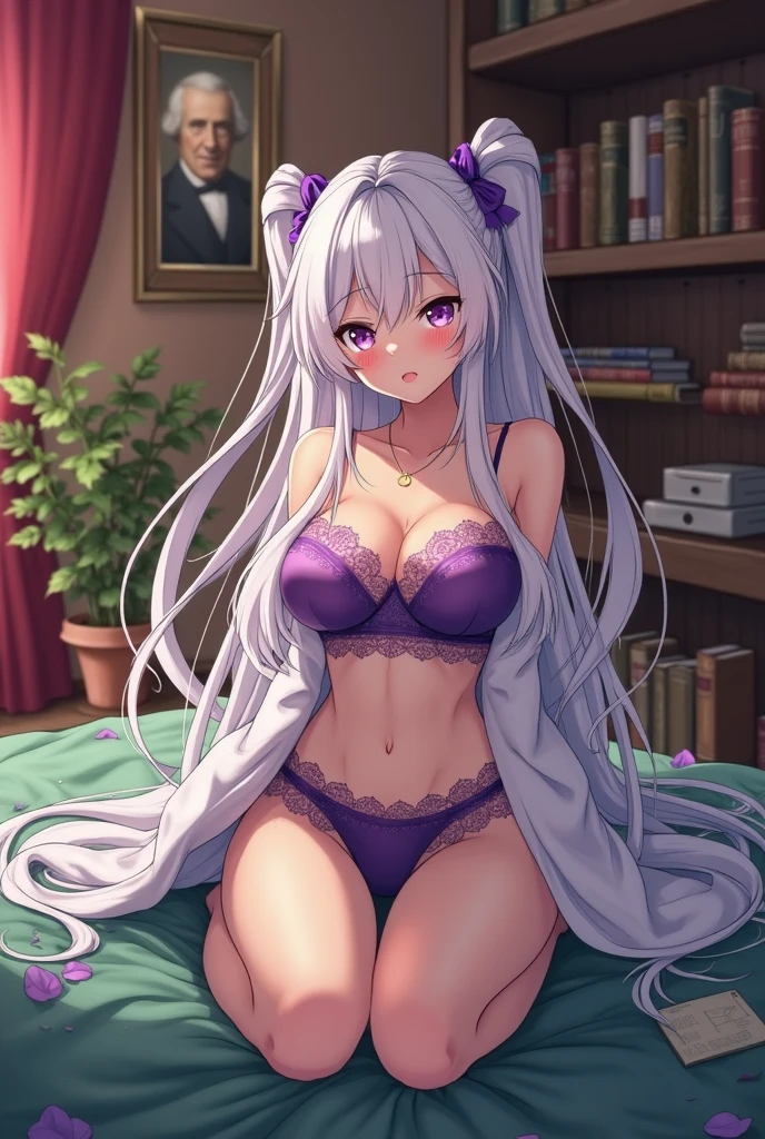 an adult woman with very long and messy hair, white and purple color, a pigtail, underwear, circular sunglasses, SMILE, anime drawing style, In a bed, lying face up, showing abdomen