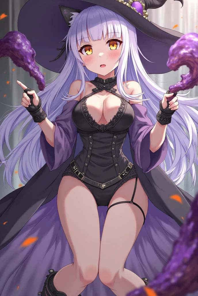 High quality, Ultra detailed, best quality, insanely detailed, beautiful, masterpiece、(Huge magical effects、Abundant light、Covered in magical energy、Tattoo that glows red)、(Holds a giant magical staff with a giant purple crystal)、(Purple hair with waves、Witch Hat)、(Slut、?????、??????????)、(Huge breasts、Underboob、Sideboob、See-through sexy lingerie)、(Huge tattoo that glows on the ??????、Camel toe)、(Wide Hips、Thick thighs、glamorous、curve、NSFW、Revealing outfit)、(Black garter belt、Black long boots、Black Gloves、See-through cape)、(ancient ruins)