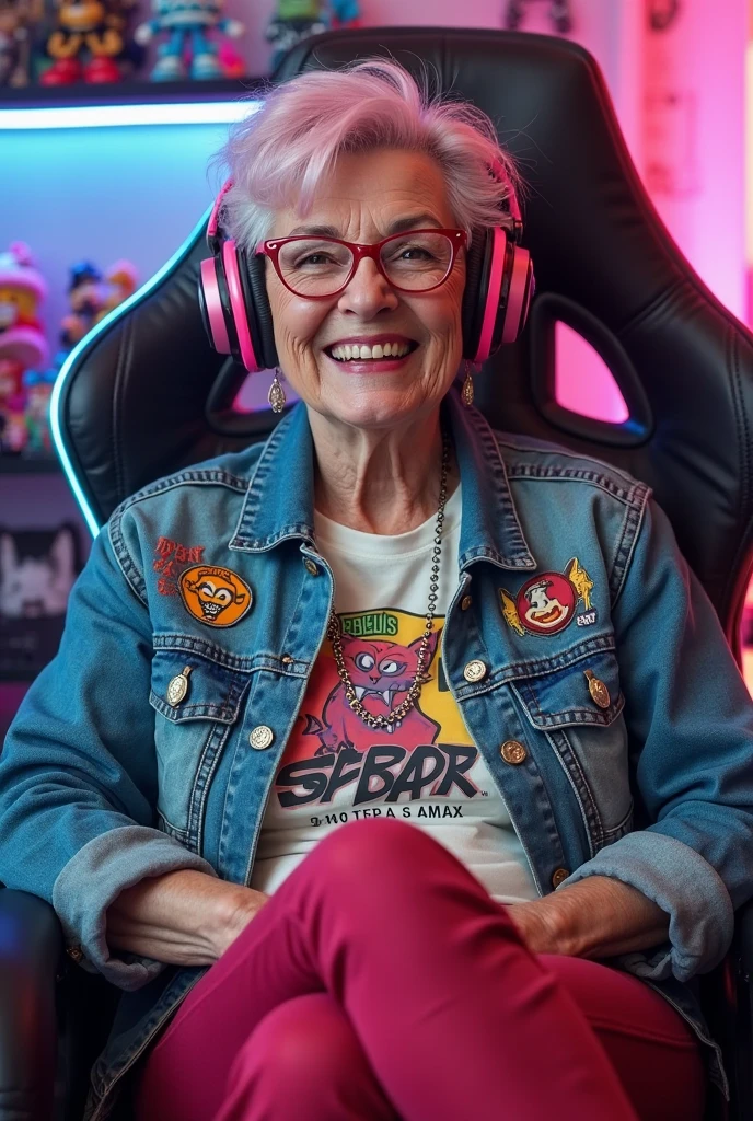 very old 100 year old woman, white curly hair, pink headphone, neon theme gaming room, sitting on gaming chair,smile