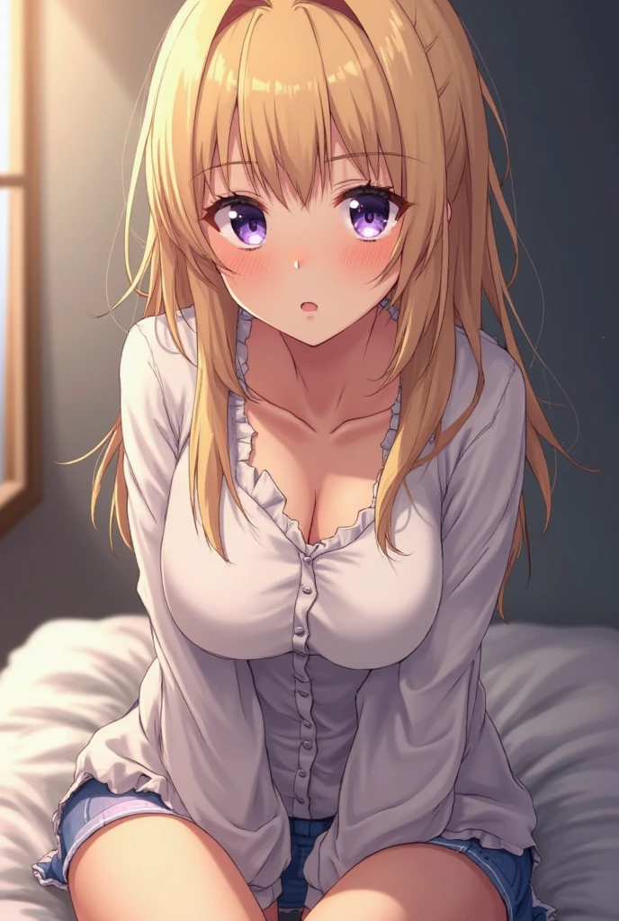 ((masterpiece, best quality, extremely detailed, absurdres)), nsfw, 1girl, (brown skin, gyaru:1.4), sitting on bed, wariza, shy face, (see-through white shirt:1.2), large breasts, (??????????:1.2), thigh,