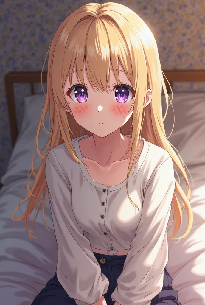 15 year old beautiful girl, ((Sexy luxury in red and pink))、(Straight Hair、blondes、Light purple inner color hairstyle), Beautiful Hair, facial contour, Remember, hotel, moonlight、splash, Lens flare,, natural color, High resolution, Very delicate, Very detailed, 8k、(Shyness),((sexual))、smile、bed、(sexualな画角)