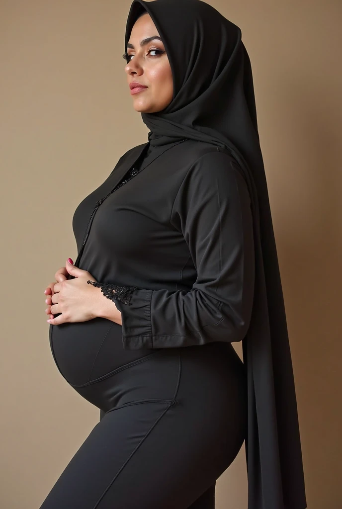 A woman wearing a hijab who is pregnant

