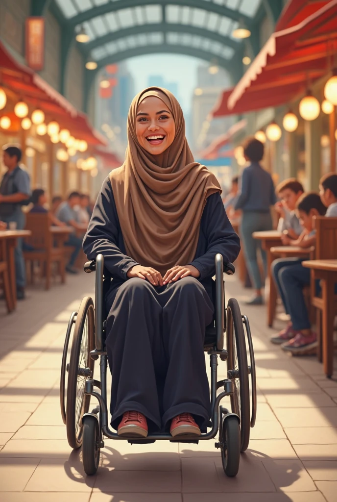 Two paralyzed women Islamic in wheelchairs, both wearing black pantyhose and red lipstick, are on the street deformed legs