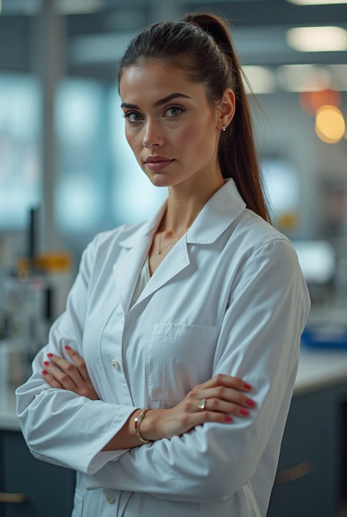 masterpiece, best quality, 5. ((best quality)), ((masterpiece)), ((realistic)), portrait of a young scientists in a lab, (compassionate expression and professionalism:1.2), [caring green eyes], [scrubs and lab equipment], (busy lab environment:1.3), [research setting], (highlighting the dedication to research:1.2), [occupational realism], (8k resolution:1.2), realistic red lipstick, long and brod lips, little smile, realistic skin textures, details of model, 