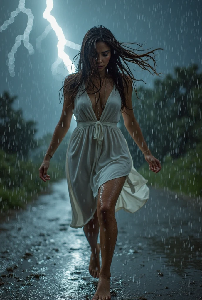 Beautiful young girl in a simple white dress dancing dynamically in a rainy night city street:1.9,motion blur effect,puddles,neon lights,smiling face,voluptuous bust,curvy hips,slim waist,drenched clothes,shot at dynamic angles,(best quality,4k,8k,high resolution,masterpiece:1.2),ultra detailed,(realistic,photorealistic,photorealistic:1.37),hyperrealism,chiaroscuro lighting,dramatic shadows,glowing highlights,cinematic composition,award winning photography,ethereal,dreamlike, greg rutkowski, soakingwetclothes