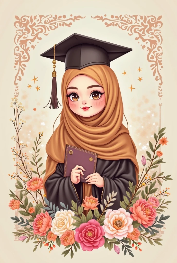 Realistik Karikatur,consept art photography, A women, wearing hijab, wearing black graduation hat, in pastel pink and pastel blue graduation gown, pastel blue shoes, pastel blue and pastel green pink theme background, leaf effect background, lighting effect, bright results
